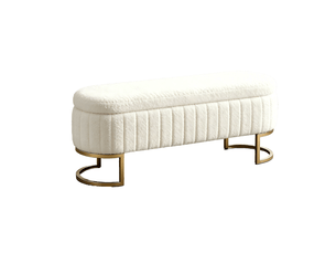 Banc coffre de lit 129,5 x 42 x 46 cm beige en velours, pieds métalliques dorés avec rangement intérieur
