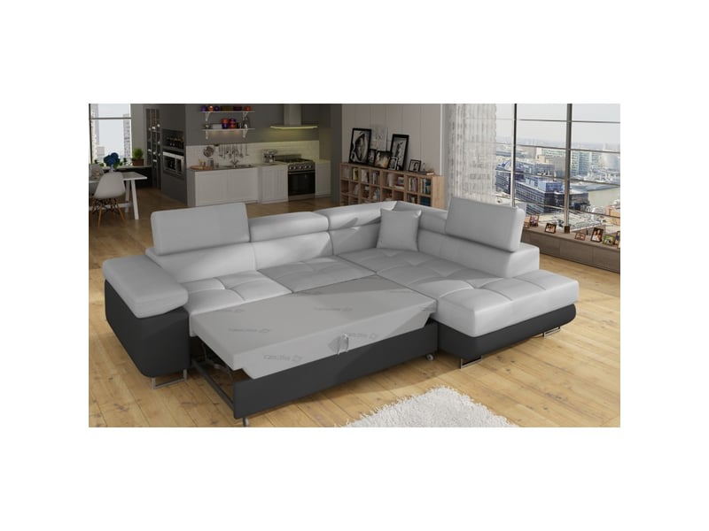Canapé d'angle convertible menton gris clair et gris foncé – angle droit avec coffre - Conforama D