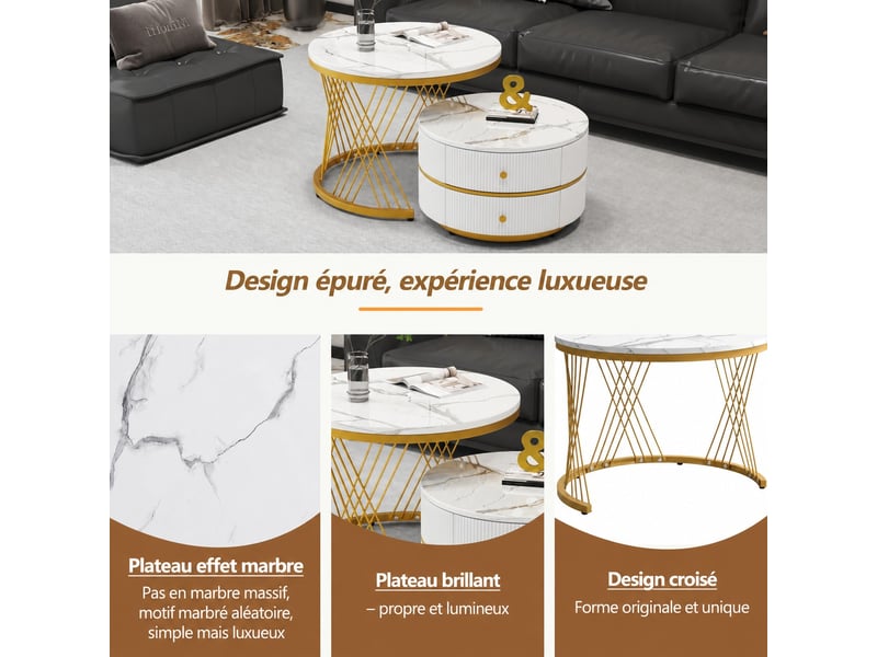  Lot de 2 tables basses gigognes rondes, 2 tiroirs, effet marbre brillant, 60 et 50 cm, salon, blanc  - Conforama B