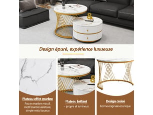 Lot de 2 tables basses gigognes rondes, 2 tiroirs, effet marbre brillant, 60 et 50 cm, salon, blanc