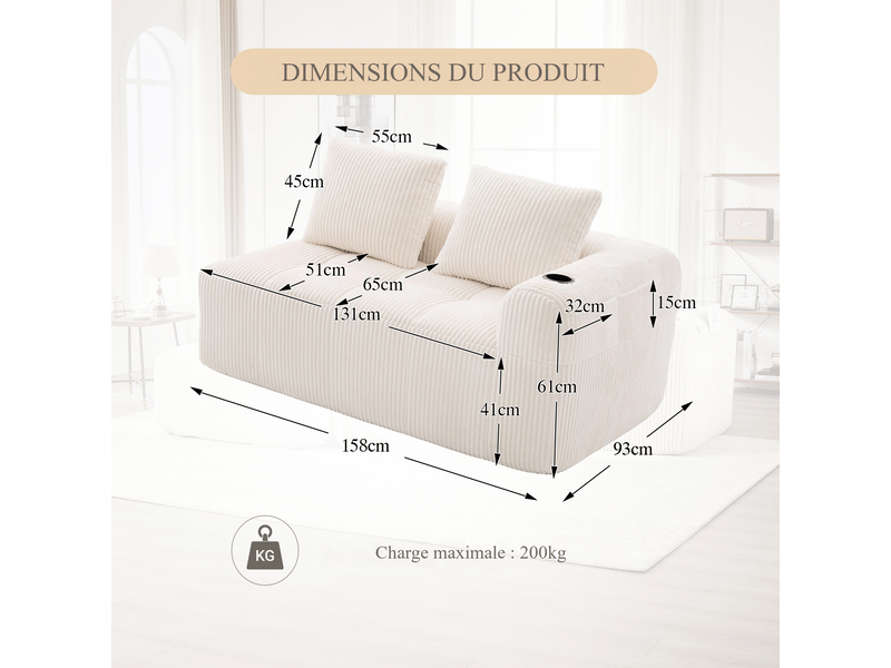  Canapé droit 2 places en velours côtelé beige 158x93x61 cm, poches latérales et porte-gobelets, salon séjour 158x93x61cm - Conforama C