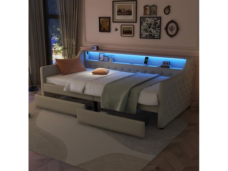  Modenvie lit banquette 90x200 cm - led avec telecommande, port usb et 2 tiroirs, sans matelas - beige  - Conforama D