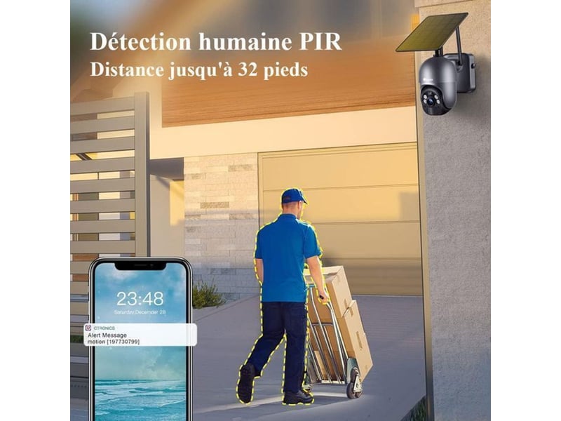  Camera connectee solaire wifi 2k 3mp ip66 detection pir radar audio bidirectionnel  - Conforama E