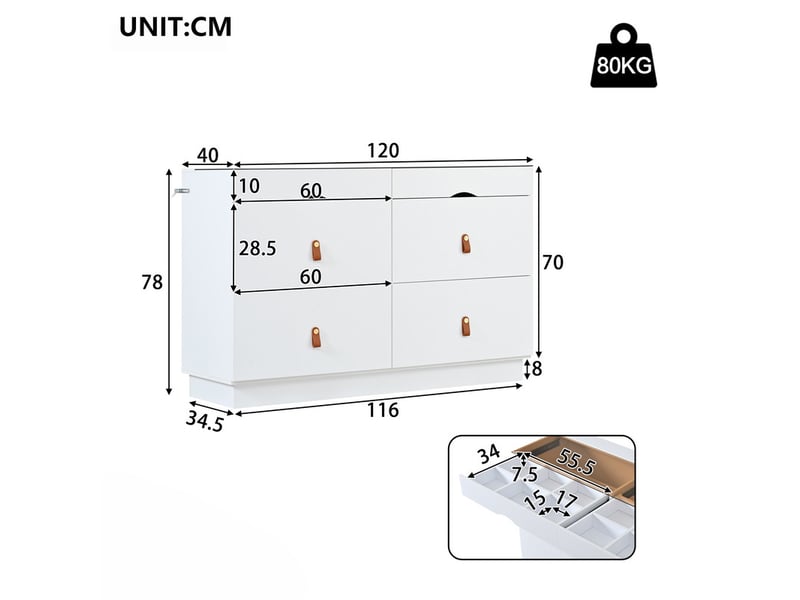  Commode 6 tiroirs, sideboard en verre de sécurité trempé, coiffeuse avec compartiments, stabilité anti-bascule, 120 x 40 x 78 cm, blanc  - Conforama C