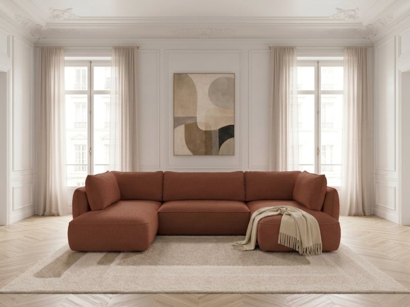Bobochic canapé d'angle panoramique convertible esmee tissu chenille orange angle droit ESMEE - Conforama C
