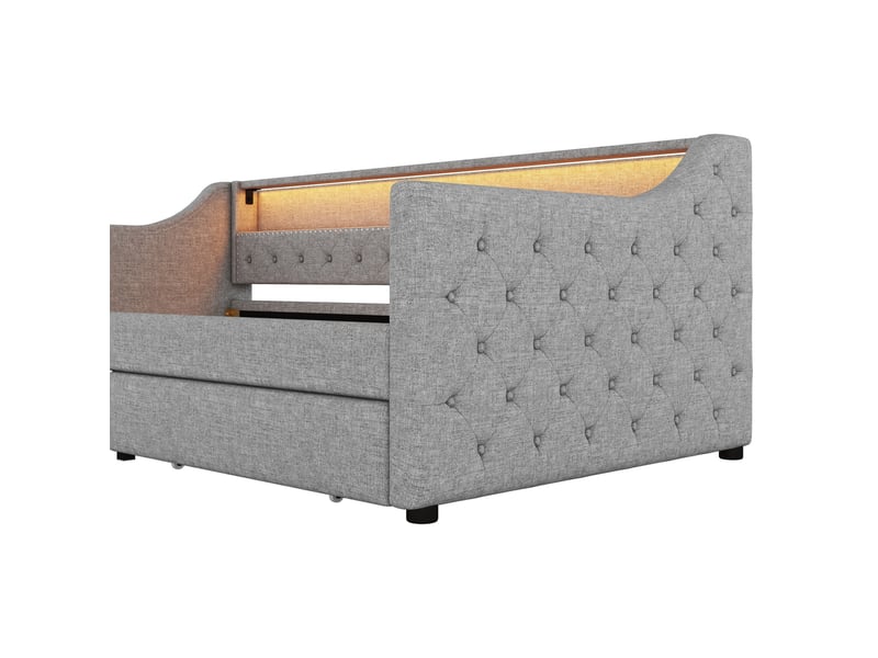 Lit banquette avec sommier à lattes, deux tiroirs, éclairage led à télécommande et prise usb, en lin gris - Conforama E