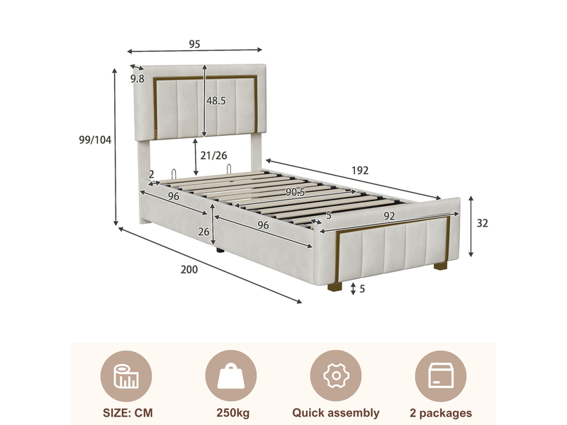  Lit simple coffre 90x200 cm, lit simple rembourré avec rangement, lit coffre hydraulique - sommier à lattes - sans matelas - capacité de charge 250 kg - velours beige  - Conforama C