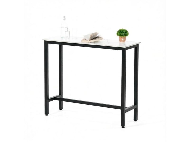  Table de bar 120x40x100 cm avec barre d'appui en panneau de particules et métal noir et blanc effet marbre  - Conforama A