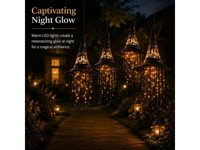 Lot de 6 décoration halloween suspendue, chapeau de sorcière lumineux led avec carillon à vent et étoiles pour porche, terrasse et entrée - Conforama D