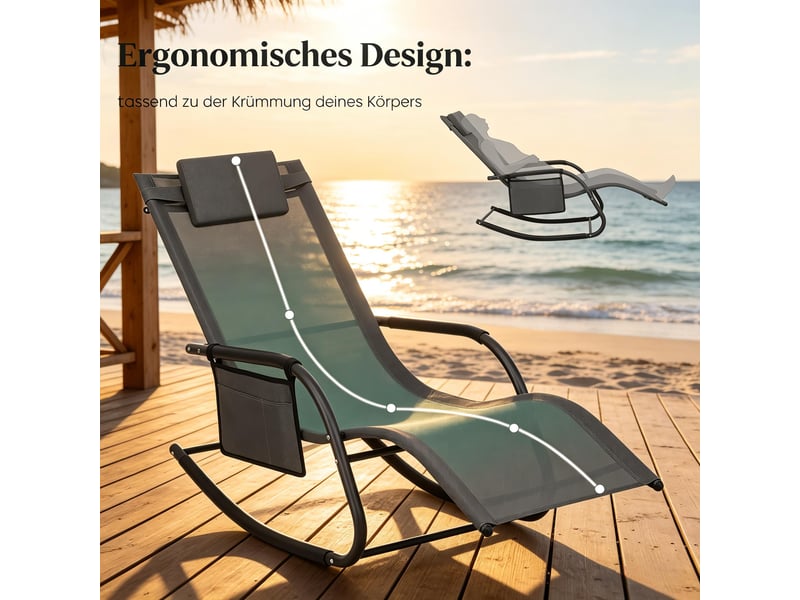 Chaise longue à bascule extérieure,152x62x83 cm,avec poche latérale,polyester,gris - Conforama D