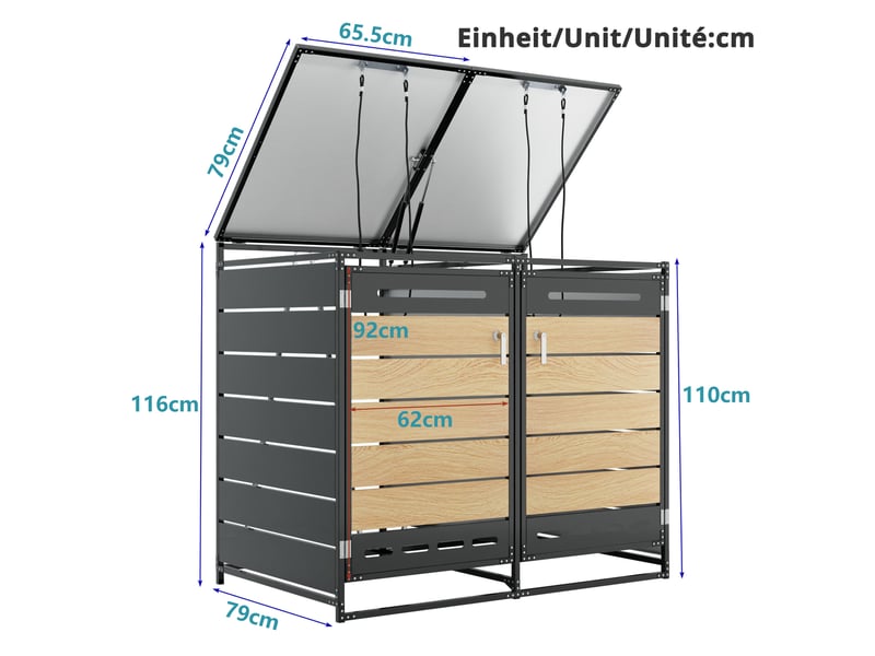 Coffre à poubelles double en fer antirouille, couvercle hydraulique, revêtement imitation bois, ventilation et serrures. - Conforama D