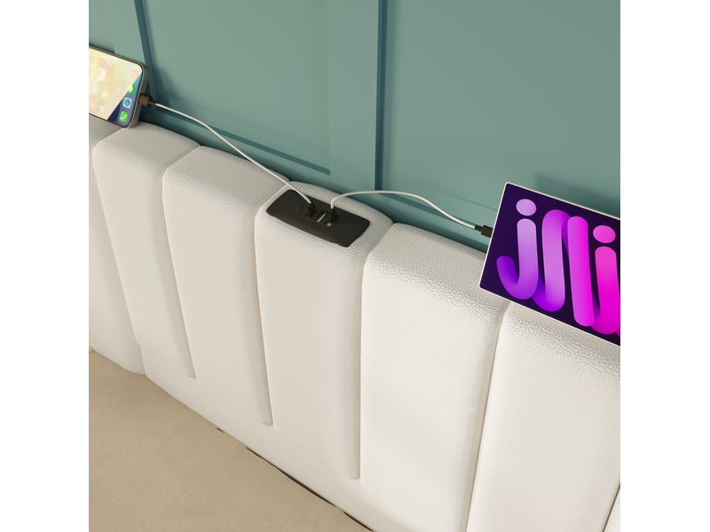  Lit coffre 160x200 avec led et recharge usb-c, pu blanc  - Conforama D
