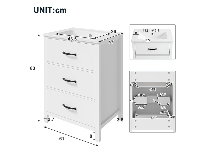 Meuble vasque salle de bain blanc 61 cm avec lavabo céramique intégré, 3 tiroirs silencieux, finition laquée - Conforama C