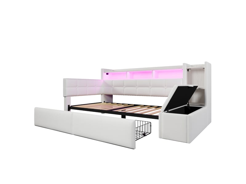 Lit banquette 90x190 cm avec deux tiroirs, ports usb et type-c, led, en velours, blanc, sans matelas - Conforama D