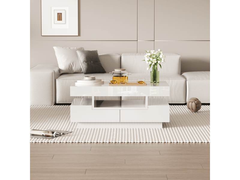  Table basse brillante avec 4 tiroirs et 3 niches, led réglable, pour salon, blanc, 80 x 50 x 36 cm  - Conforama D