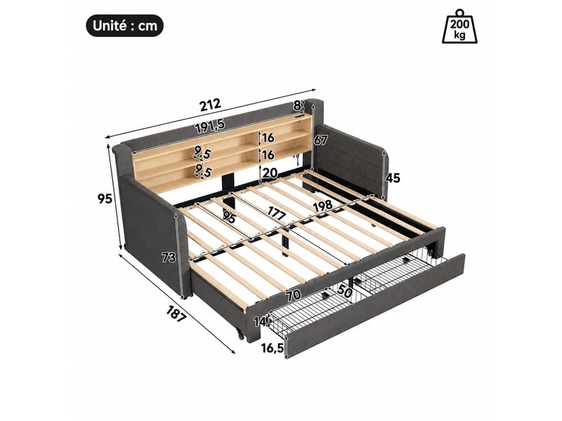 Banquette-lit extensible avec led et rangement, en lin gris, 90 x 200 cm - Conforama C
