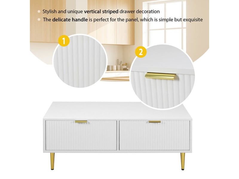  Table basse moderne - blanc avec accents dorés - 2 tiroirs - design à rayures verticales - pieds en métal 100x50x40cm - Conforama D