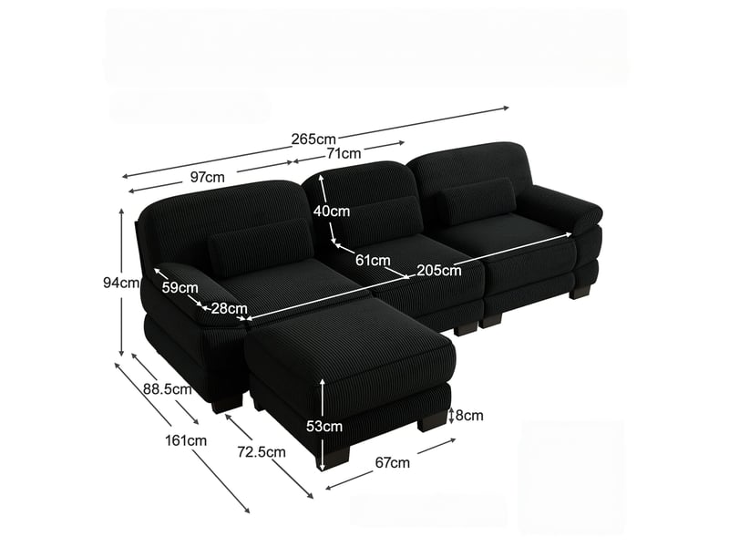  Canapé d’angle 3 places en l, 1 pouf, coussin lombaire épais et moelleux, assise profonde, tissu confortable, 265 × 161 × 94 cm, noir  - Conforama C
