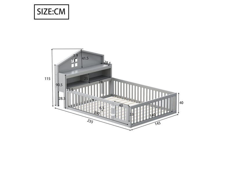  Lit enfant 140x200 cm avec étagère, tableau noir, garde-corps et sommier, forme de maison, bois gris, sans matelas  - Conforama C