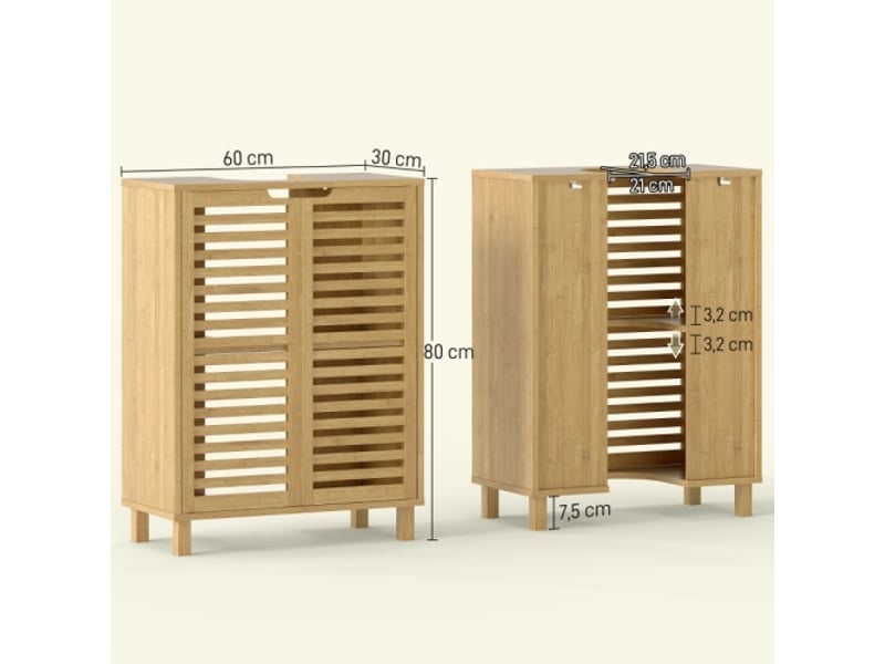  Meuble sous lavabo naturel en bambou avec portes à lattes et étagères réglables  - Conforama C