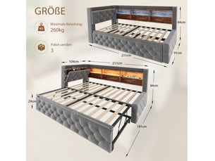 Lit extensible 90x190 cm <strong>FLORAGRACE</strong> <strong></strong> coloris gris