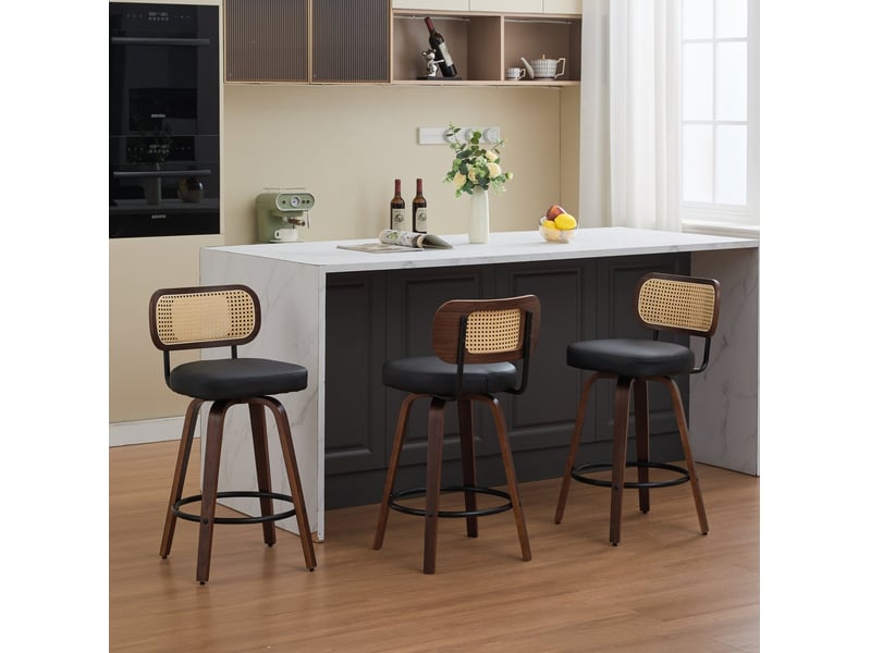 Tabouret de bar pivotant dossier cannage assise pu noir cravdom - Conforama D