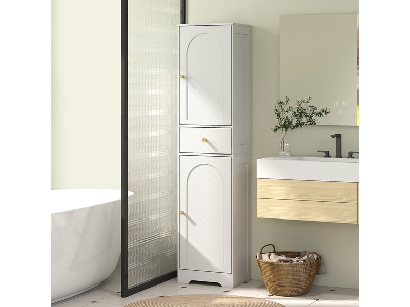  Meuble de salle de bain haut et étroit avec 2 portes cintrées, tiroir et étagères réglables, style moderne, 40 x 29,5 x 170 cm, finition bois blanc.  - Conforama D
