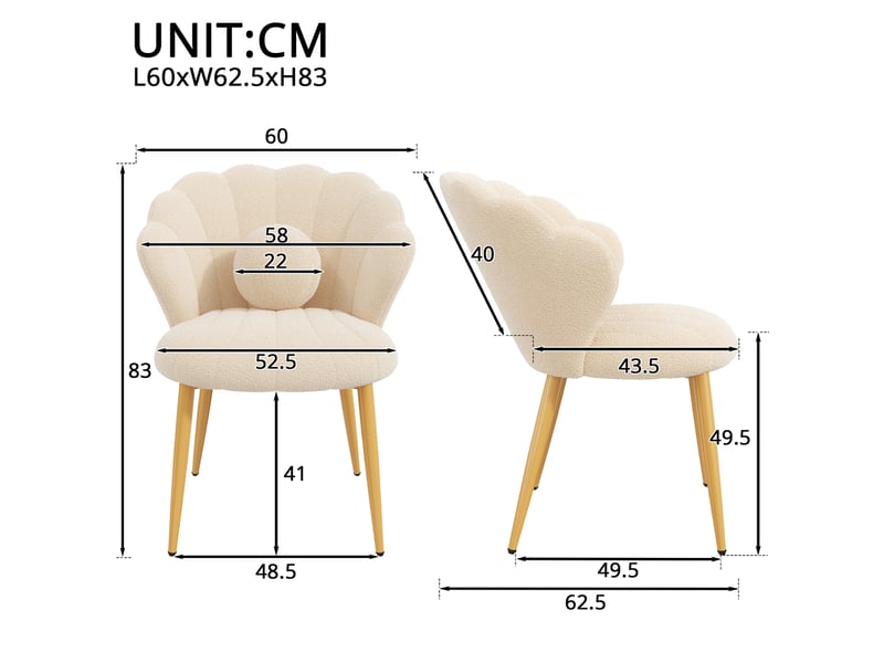  Lot de 6 fauteuils - 60x62.5x83 cm - tissu bouclé - assise rembourrée - dossier coquillage - pieds en métal - moderne - beige CozyNest - Conforama D
