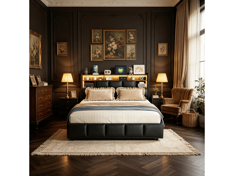  Lit adulte 2 places 140x190 cm noir - lit coffre avec tête de lit pu, usb et led réglable, sommier à lattes, rangement hydraulique, capacité 250 kg  - Conforama C