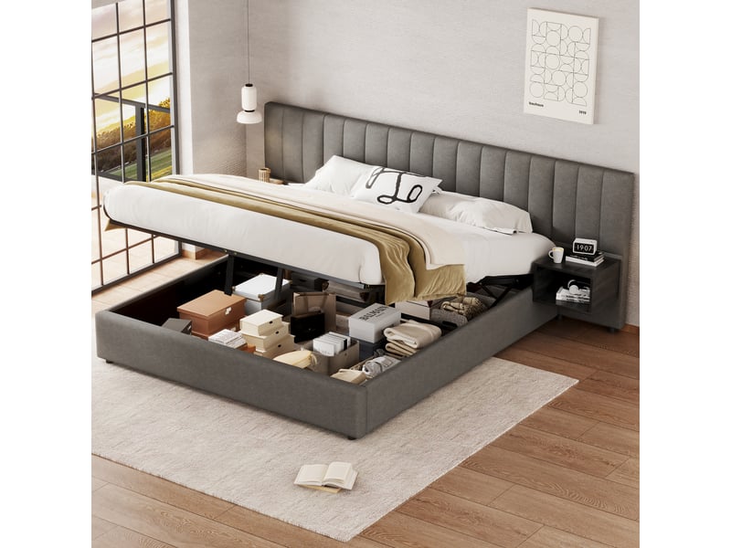  Lit coffre 180x200 lin grisnoir avec 2 tables de chevet et sommier bois  - Conforama B