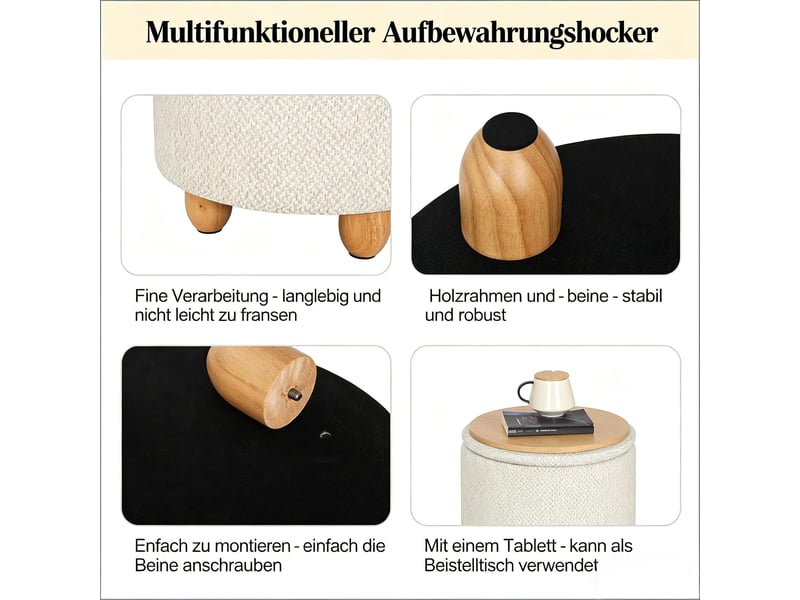  Pouf coffre rond avec plateau en lin et mdf blanc crème ø 39 x h 33 cm T5828P505409 - Conforama D