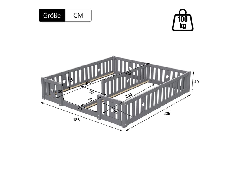  Lit au sol enfant 180x200cm - lit montessori avec barrière de sécurité - lit double 2 places pour bébé ou enfant - pin massif gris - sans sommier  - Conforama E