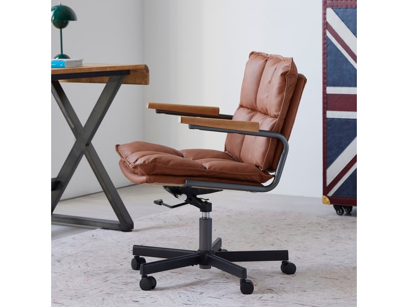  Chaise de bureau en similicuir marron réglable, pivotante 360° avec roulettes  - Conforama E