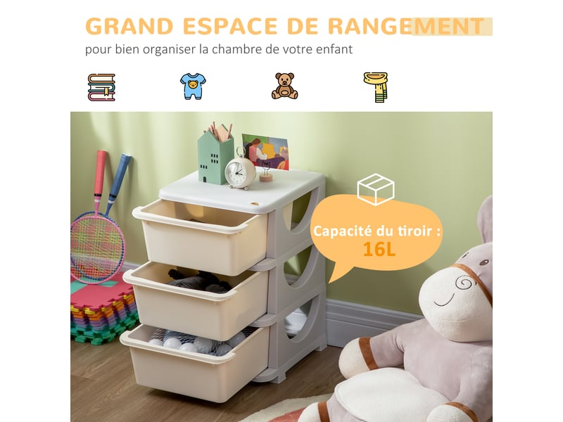  Organisateur de jouets pour enfants avec tiroirs à 3 niveaux, boîtes de rangement en plastique, 37 x 37 x 56,5 cm, crème  - Conforama E