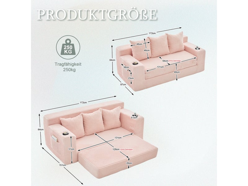  Canape droit 3 places, sans structure rigide en velours côtelé, porte-gobelets et poches, 172 × 87 × 64 cm, rose  - Conforama C