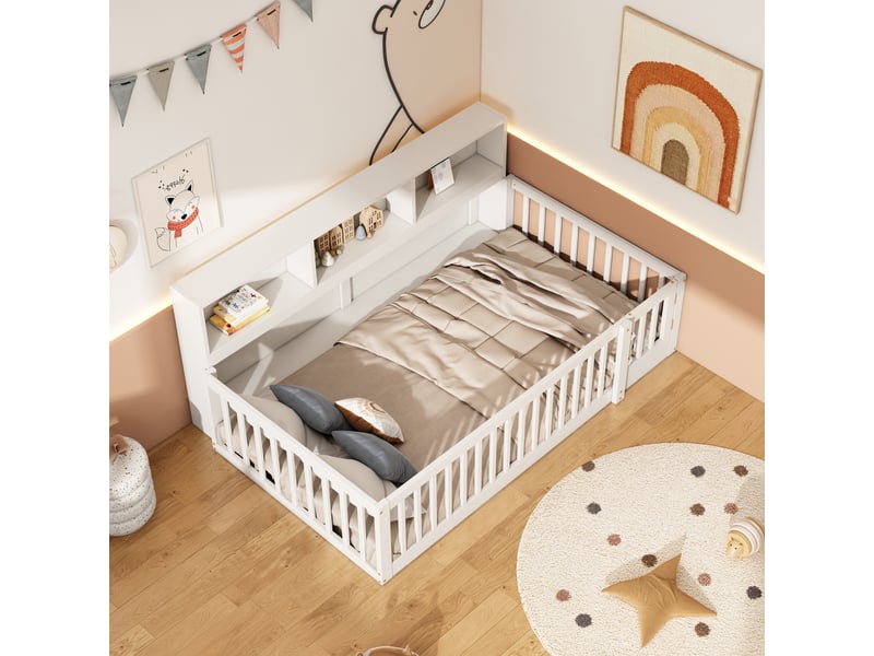 Lit 1 place 90x200cm, lit enfant et adulte, lit au sol avec compartiments, barrière et sommier, rangement, pin blanc, sans matelas - Conforama C