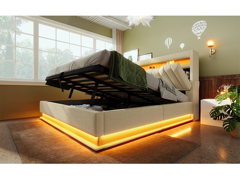 Lit coffre 160x200 beige avec tête de lit led, ports usb-c, rangement hydraulique et matelas inclus - Conforama D