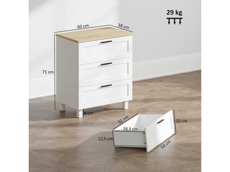  Commode 3 tiroirs | meuble de rangement moderne pieds en bois massif et plateau effet bois 60x38x71 cm blanc  - Conforama E