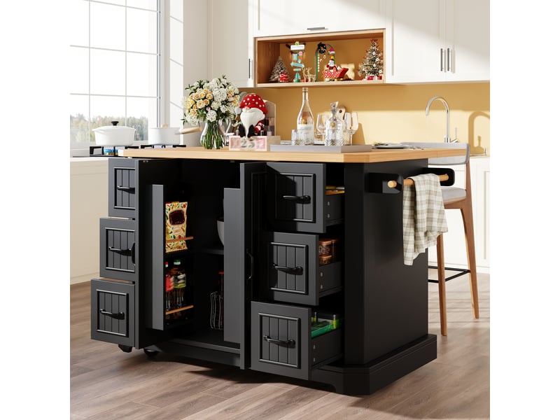  Îlot de cuisine mobile noir, desserte de cuisine avec 2 portes et 6 tiroirs, plateau en bois, 120x45x91 cm  - Conforama D