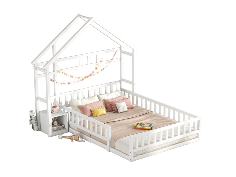  Lit enfant cabane 140x200 cm avec barrières et chevet, blanc  - Conforama A