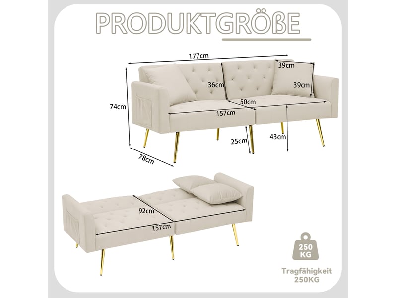  Canapé convertible 2 places 177x78x74 cm beige en velours, dossier réglable 3 positions et 2 coussins  - Conforama C