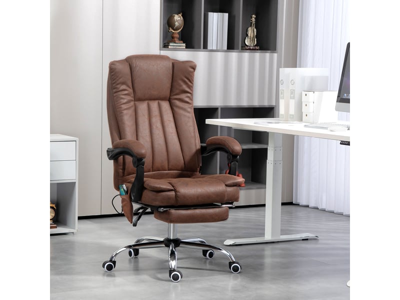  Fauteuil de bureau massant et chauffant avec hauteur réglable, dossier inclinable, repose-pied et télécommande, marron  - Conforama C