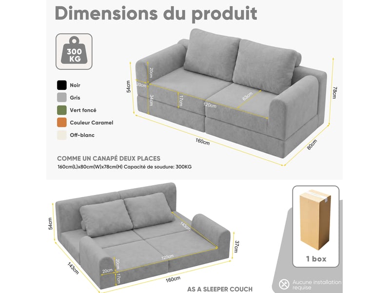  Canapé convertible pliant 160x80x78 cm 2 places, mémoire de forme, dossier, gain de place, flanelle gris design moderne  - Conforama C