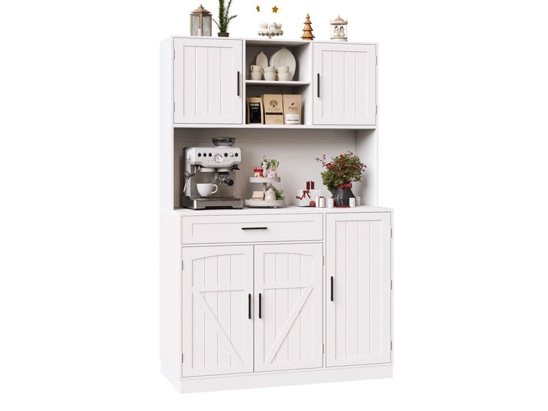  Buffet de rangement 110x38x180 cm, meuble de cuisine, 5 portes, 1 tiroir, avec luminaire éclairage led et prise secteur, mdf+structure en métal, blanc  - Conforama A