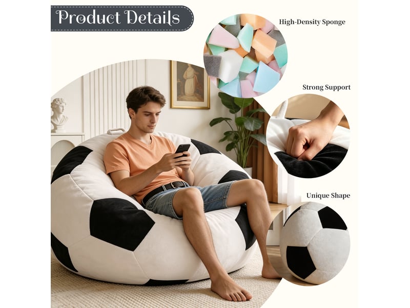  Pouf ballon de football tcqpz 130 x 60 cm en flanelle blanc et noir  - Conforama E