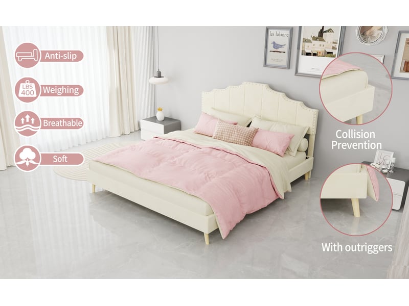  Lit 160x200 cm tête de lit géométrique, métal, beige sans matelas  - Conforama C