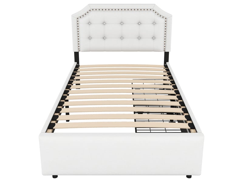 Lit rembourré beige clair 90x200 cm avec détails cloutés et 2 tiroirs de rangement - Conforama A