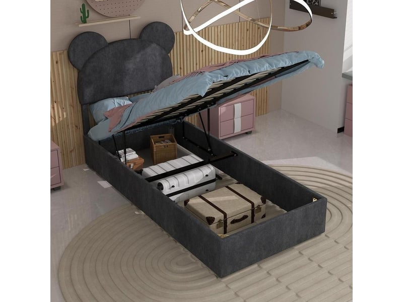 Lit rembourré moderne 90x200 cm avec tête de lit cartoon coffre hydraulique velours chambre enfant, sans matelas, gris - Conforama C