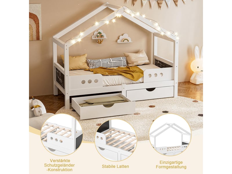 Lit cabane enfant toit 2 grands tiroirs cadre bois mdf vernis uv inodore charge max 120 kg adapté matelas 90x200 cm blanc - Conforama E