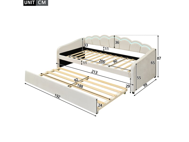  Lit gigogne 90x200cm, design ondulé, lit extensible, lumières avec éclairage led multicolores, velours, beige, sans matelas  - Conforama C